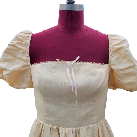 Reformation Malvina Dress Butter Yellow Linen Puff Sleeves Square Neck Mini 8 - Picture 2 of 6